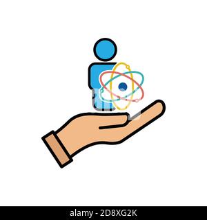 Wissenschaftler flaches Symbol. Menschen und Hand flach Symbol mit Atom. Vektor der Designvorlage Stock Vektor