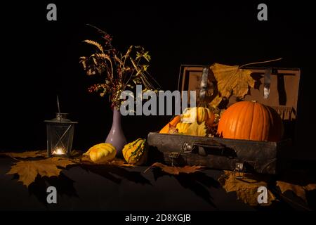 Nahaufnahme einer herbstlichen Komposition mit Kürbissen und getrockneten Blättern Vor einem dunklen Hintergrund Stockfoto