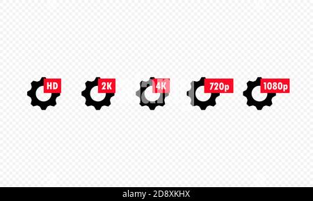 Zahnräder mit Qualitätszeichen. Symbol für Videoqualität HD, 2K, 4K, 720p, 1080p. Vektor EPS 10. Isoliert auf weißem Hintergrund Stock Vektor