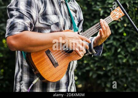 lateinischer Musiker, der auf der Straße in Mexiko Gitarre spielt Stadt Stockfoto