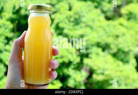 Glasflasche Orangensaft in der Hand des Mannes mit verschwommen Grünes Laub im Hintergrund Stockfoto