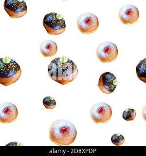 Nahtloses Muster von leckeren frischen Donuts auf weißem Hintergrund. Stockfoto