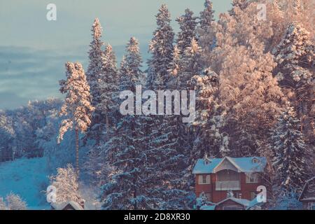 Dorfhäuser im Schnee im Winterwald in Das rosa Licht der untergehenden Sonne Stockfoto