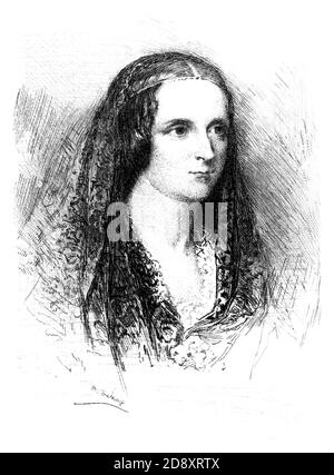 1840 Ca, GROSSBRITANNIEN: Die britische Schriftstellerin MARY SHELLEY Wollstonecraft ( 1797 – 1851), Autorin von FRANKENSTEIN. Illustration graviert von unbekannten Graveure, veröffentlicht in späten XIX Jahrhundert . Mary Shelley war die Frau des berühmten romantischen Dichters Percy Bysshe SHELLEY ( 1792 - 1822 ) und Freund von Lord GEORGE GORDON BYRON ( 1788 - 1824 ). - SCRITTORE - LETTERATURA - LITERATUR - letterato - SCRITTORE - SCRITTRICE - LETTERATURA - LITERATUR - Portrait - ritratto - TEATRO - THEATER - graviert - incisione - illustrazione - Illustration - ROMANTICISMO - Romantik - HORROR - GOTICO - GOT Stockfoto