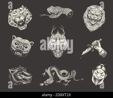 Set von Mode-Patches. Tattoo-Kunstwerke. Dolch Der Schlange Der Löwen Des Bärendrachens. Handgezeichnet in alter Vintage-Skizze eingraviert. Vektor surreale Illustration Stock Vektor
