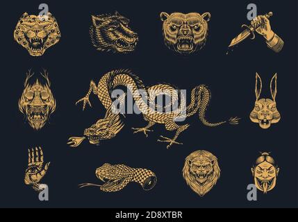 Set von Mode-Patches. Tattoo-Kunstwerke. Dolch Der Schlange Der Löwen Des Bärendrachens. Handgezeichnet in alter Vintage-Skizze eingraviert. Vektor surreale Illustration Stock Vektor