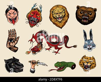 Set von Mode-Patches. Tattoo-Kunstwerke. Dolch Der Schlange Der Löwen Des Bärendrachens. Handgezeichnet in alter Vintage-Skizze eingraviert. Vektor surreale Illustration Stock Vektor