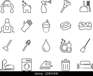 Maid Oder Housekeeper Icons Black & White Thin Line Set Groß Stock Vektor