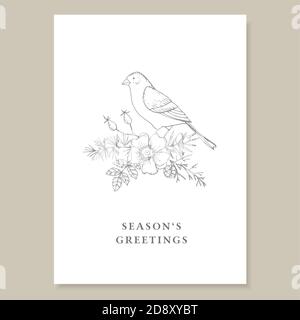 Elegante Weihnachten vintage Grußkarte, Einladung. Dekorative florale Komposition. Handgezeichneter Goldfinkenvogel, der auf Lärchen- und Eibenzweigen sitzt Stock Vektor
