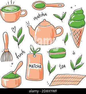 Set von Hand gezeichneten Matcha Tee Zutat und traditionelle Zeremonie Elemente, Tasse, Löffel, Matcha Blatt. Doodle Skizze Stil Illustration. Stock Vektor