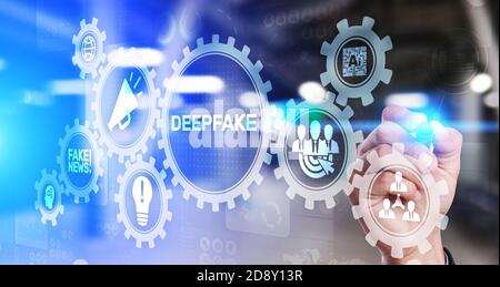 Deep Fake News Künstliche Intelligenz in der Medientechnik Konzept auf Virtueller Bildschirm Stockfoto