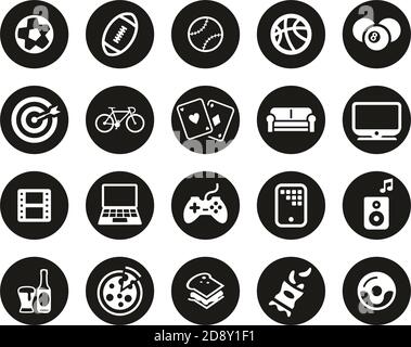 Mann s Lieblings-Aktivitäten Icons Weiß auf Schwarz Flat Design Kreis Groß Stock Vektor