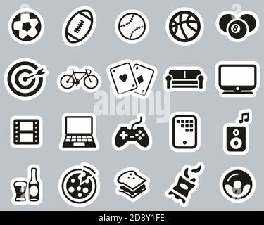 Man´s Favorite Activities Icons Schwarz-Weiß Sticker Line Set Groß Stock Vektor