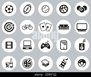 Man s Lieblingsaktivitäten Icons Schwarz & Weiß Flat Design Kreis Groß Stock Vektor