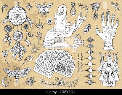 Set von gruseligen Halloween traditionelle Symbole und Objekte mit Tarot-Karten, Traumfänger, Mondphasen und Ziegenkopf. Handgezeichnete Vektorgrafik für c Stock Vektor