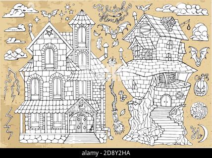 Set von gruseligen Halloween traditionelle Symbole und Objekte mit Hexenhaus, Fledermaus, Vollmond und Besen. Handgezeichnete Vektor-Illustration für die Färbung. Doodle Stock Vektor