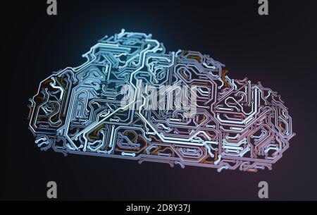 Elektronische Schaltung in Form einer Wolke. Netzwerk- und Speicherkonzept. 3D-Darstellung. Stockfoto
