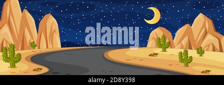 Horizont Naturszene oder Landschaft Landschaft mit Mittelweg In Wüste und Mond am Himmel bei Nacht Illustration Stock Vektor