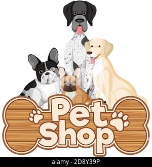 PET Care Logo oder Banner mit niedlichen Hunden auf weiß Hintergrunddarstellung Stock Vektor