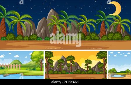 Vier Hintergrund verschiedene Naturszenen mit grünen Bäumen in verschiedenen Zeiten Illustration Stock Vektor