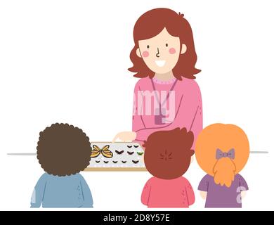 Illustration von Mädchen Lehrer zeigt ihre Bug Sammlung auf die Studenten Stockfoto