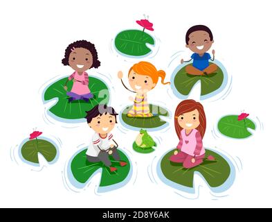 Illustration von Stickman Kids sitzen auf Lily Pads mit einem Frosch und Blick nach oben Stockfoto