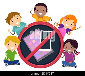 Abbildung von Stickman Kids Holding No Sign mit Computer Tablet und Handy. Keine Bildschirmzeit Stockfoto