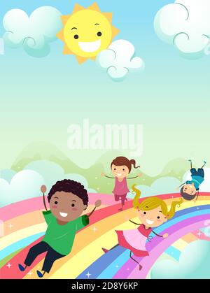 Hintergrund Illustration von Stickman Kids Sliding auf einem Regenbogen mit Maskottchen Sonne lächelt zu ihnen Stockfoto