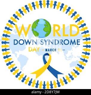 World Down Syndrom am 21. März mit gelb - blau Abbildung mit Bandschild Stock Vektor