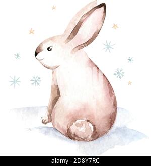 Weihnachtskaninchen. Handgezeichnete Skizzen- und Aquarellillustrationen Stock Vektor