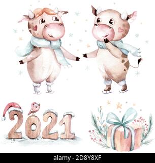 Aquarell Cartoon Stier Illustration. Symbol des Jahres 2021. Lustig und niedlich Bull. Weihnachtsdarstellung. Stock Vektor
