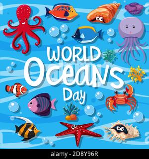World Oceans Day Logo oder Banner mit verschiedenen Meerestieren Abbildung Stock Vektor