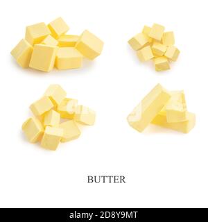 Butterstücksammlung isoliert auf weißem Hintergrund. Frische Butter Würfel Set Draufsicht Stockfoto