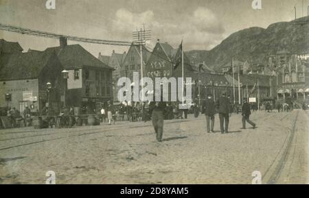 Blick auf den Fischmarkt, Bergen, Norwegen 1910 Stockfoto