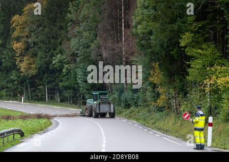 Bonlieu, Frankreich - 14. Oktober 2020: Arbeiter schneiden Bäume von einer Landstraße im Wald ab Stockfoto