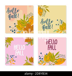 Set von Herbst-Theme-Vorlagen für Social Media, mobile Apps, Banner, Anzeigen. Rosa und grüne abstrakte quadratische Kunst Vorlagen mit floralen Elementen, Cranberr Stock Vektor