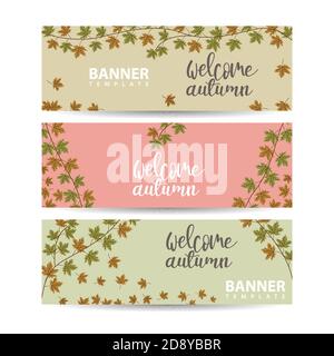 Herbstbanner mit farbigen Blättern. Sammlung von Vorlagen für den Herbstverkauf mit Text Stock Vektor