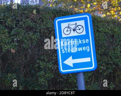 GENT, BELGIEN - 5. NOVEMBER: Straßenschild für Fahrräder in der Nähe der Expo auf einer Straße in Gent, Belgien am 5. November 2017. Holzsträucher bei Stockfoto