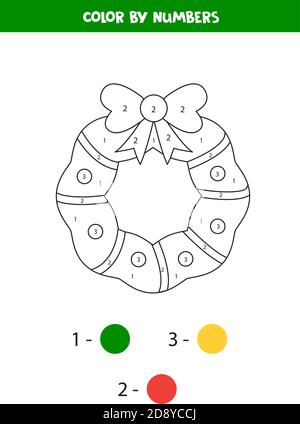 Mathe-Arbeitsblatt für Kinder. Farbe Weihnachtskranz nach Zahlen. Stock Vektor