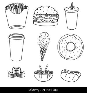 Fastfood-bezogene handgezeichnete Doodles: Pommes, Burger, Getränk, Kaffee, Eis, Donut, Sushi, Nudeln und Hot-Dog isoliert auf weißem Hintergrund Vektor i Stock Vektor