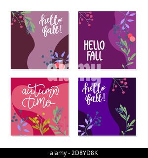 Set von abstrakten quadratischen Hintergrund Banner mit Herbst-Elemente, Formen und Pflanzen in einer Linie Stil. Hintergrund für mobile App-Seite minimalistischen Stil. Stock Vektor