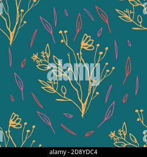 Vektor nahtlose Linie Art Stil Blumenmuster auf dunklem Hintergrund Stock Vektor