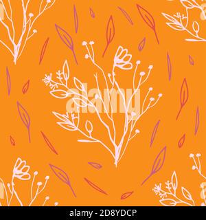 Vektor Nahtlose Linie Kunst Blumenmuster. Handgezeichnete florale Textur auf Orange Textur, Dekorative Blätter, Malbuch Stock Vektor