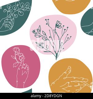 Vektor Linie Art Stil nahtlose Muster mit floralen Motiven. Linie Hand mit Zigarette, Hand halten Blume und Blume. Handästhetik Stock Vektor