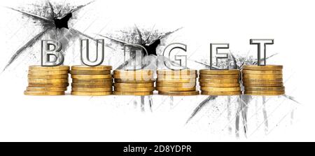 Wortbudget aus transparenten Buchstaben auf Münzstapeln vor einem Hintergrund von Löchern auf einer weißen Basis angeordnet. Konzept undichte Budget. Stockfoto
