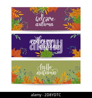 Satz von drei Vektor Banner mit bunten Blätter im Herbst. Stock Vektor