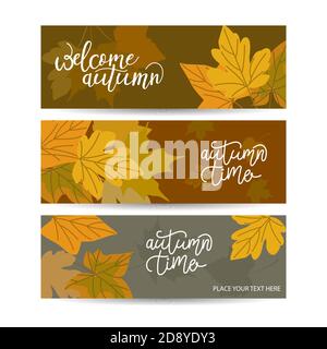 Set aus drei horizontalen Bannern mit Herbstlaub aus Ahornholz. Sammlung von Vorlagen für den Herbstverkauf mit Text. Vektor EPS 10 Stock Vektor