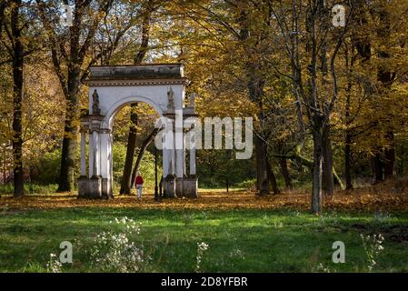 Zwei ältere Frauen mit Lebensmitteln gehen an einem sonnigen Tag. Herbst im Park, gelbe und braune Blätter fallen von den Bäumen. Stockfoto