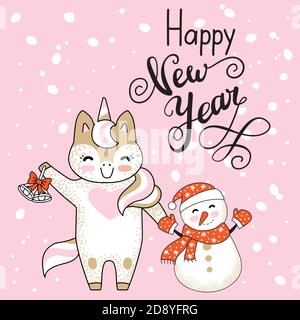 Weihnachtskarte herzlichen Glückwunsch niedlichen Einhorn und Schneemann Stock Vektor