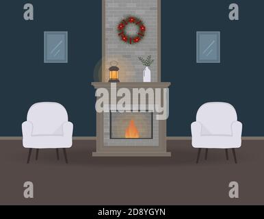 Heiligabend oder noel. Nettes Wohnzimmer mit Kamin. Gemütliches Interieur mit Möbeln und Bildern.schöne Weihnachtskranz, alte Lampe mit einer Kerze Stock Vektor